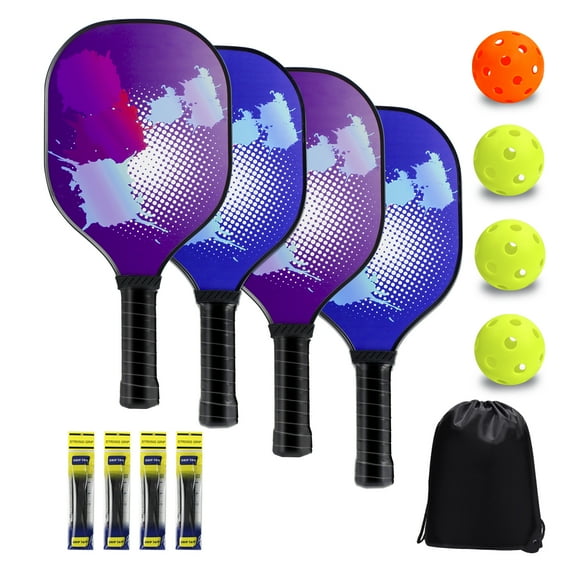 KOFULL Pickleball Paddles Set Pickleball Rackets with 4 Wood Pickleball Paddles, 4 Pickleball Balls, 4 Grip Tape & Carry Bag, Pickleball Gifts