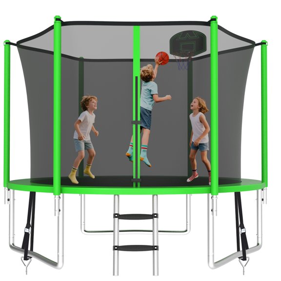 KOFUN 1000LBS 10FT Trampoline for Kids and Adults Outdoor Backyard Trampoline with Safety Enclosure Net, Basketball Hoop, 3 Anchor Kits, Ladder, A Ball, Green