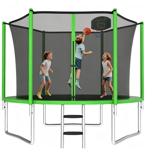 KOFUN 1000LBS 10FT Trampoline for Kids and Adults, Outdoor Backyard Trampoline with Safety Enclosure Net, Basketball Hoop, Ladder, A Ball, No Gap Design, Green