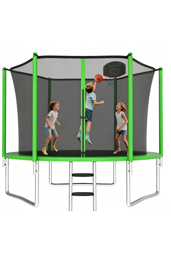 1000LBS 10FT Trampoline for Kids and Adults, Outdoor Backyard Trampoline with Safety Enclosure Net, Basketball Hoop, Ladder, A Ball, No Gap Design, Green