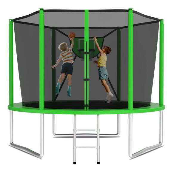 KOFUN Trampoline 10FT with Basketball Hoop for Kids and Adults, Capacity 1000LBS, Outdoor Backyard Trampoline with Enclosure Net, Ladder, Green