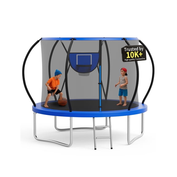 KOFUN 10FT Trampoline for Kids and Adults, Round Trampoline with Basketball Hoop and Ladder, Outdoor Backyard Trampoline with Enclosure Net, 1000LBS Capacity, Easy to Install, Blue