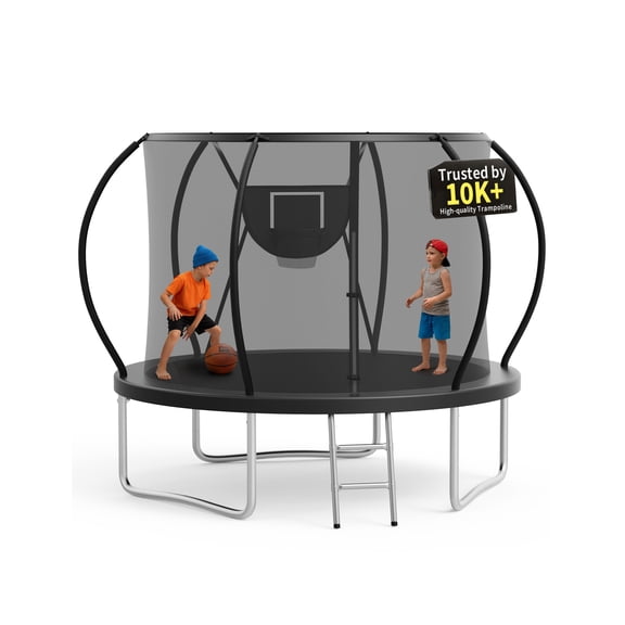 KOFUN 10FT Trampoline for Kids and Adults, Round Trampoline with Basketball Hoop and Ladder, Outdoor Backyard Trampoline with Enclosure Net, 1000LBS Capacity, Easy to Install, Black