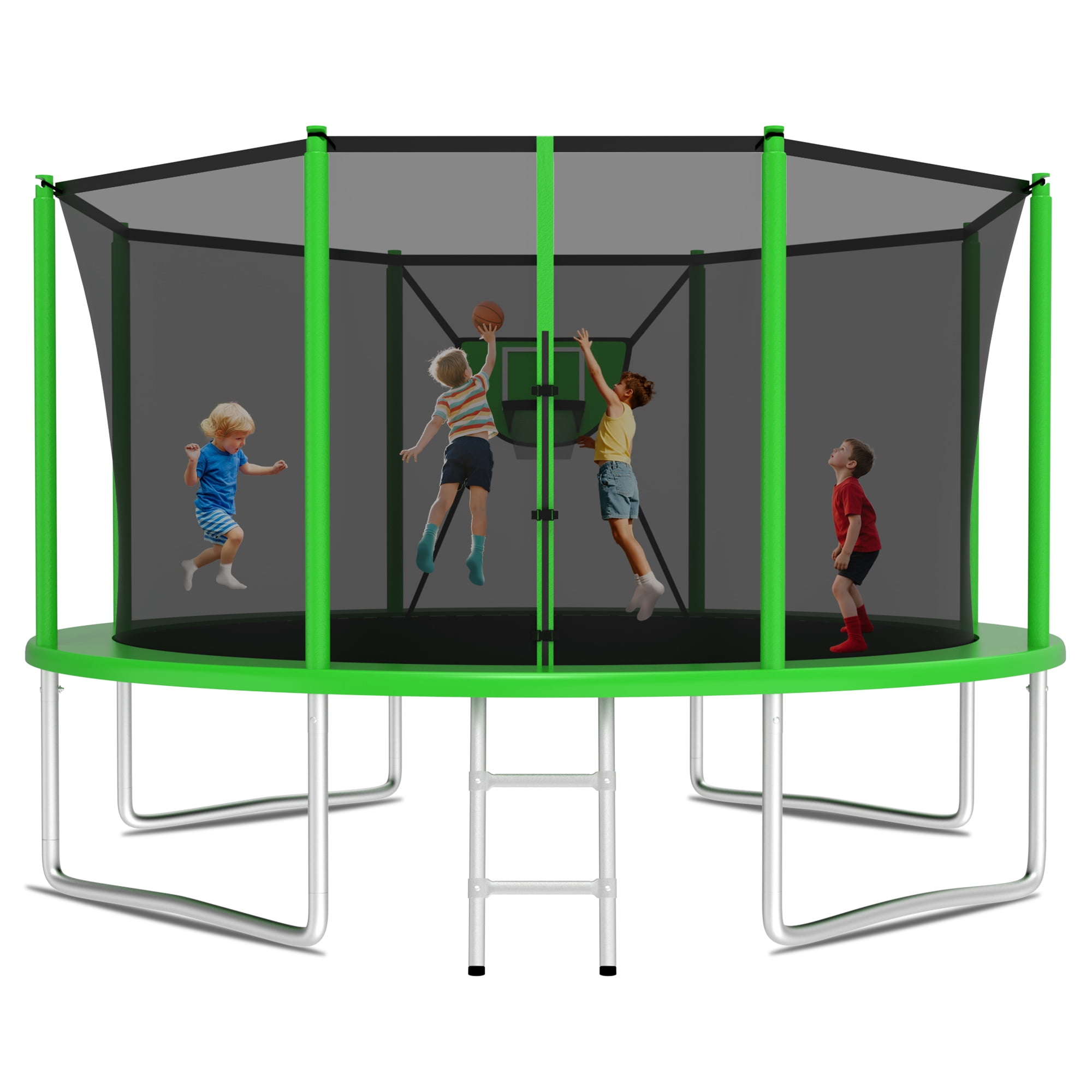 KOFUN Trampoline 12FT with Basketball Hoop for Kids and Adults, Capacity 1200LBS, Outdoor Backyard Trampoline with Enclosure Net, Ladder, Green