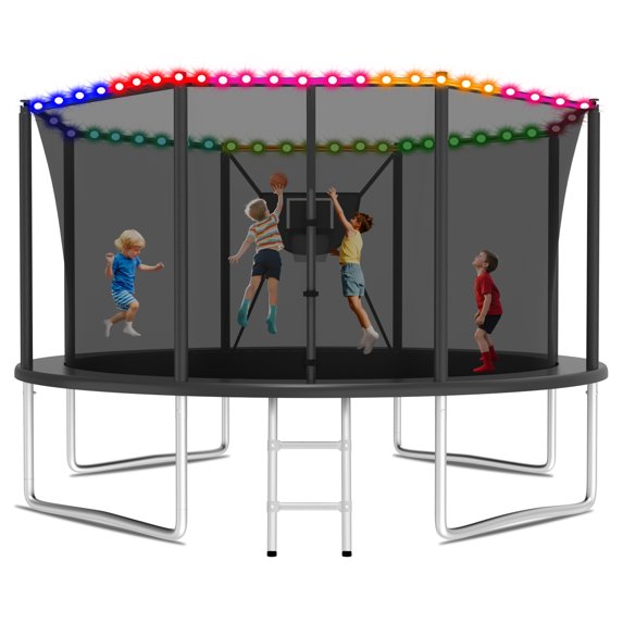 KOFUN Trampoline 12FT with Basketball Hoop for Kids and Adults, Capacity 1200LBS, Outdoor Backyard Trampoline with Enclosure Net, Ladder, Light, Black