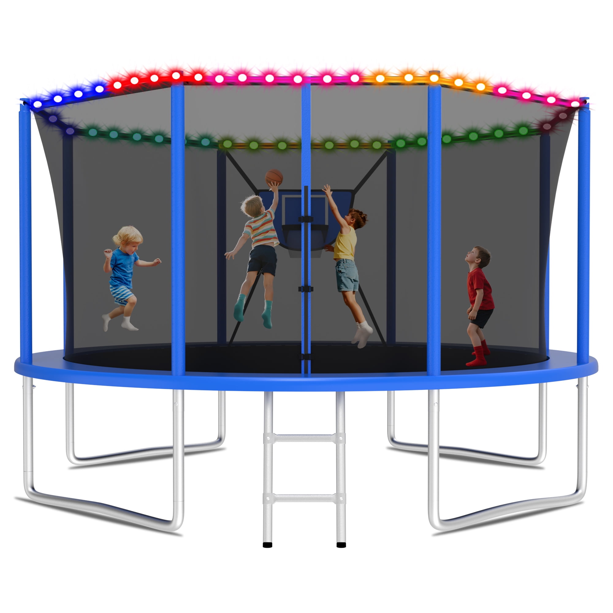 KOFUN Trampoline 12FT with Basketball Hoop for Kids and Adults, Capacity 1200LBS, Outdoor Backyard Trampoline with Enclosure Net, Ladder, Light, Blue