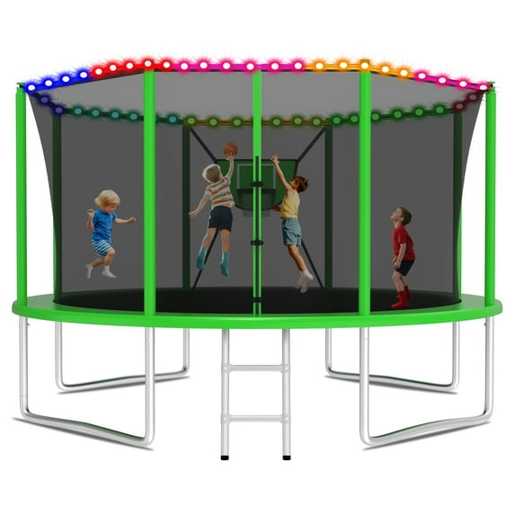 KOFUN Trampoline 12FT with Basketball Hoop for Kids and Adults, Capacity 1200LBS, Outdoor Backyard Trampoline with Enclosure Net, Ladder, Light, Green