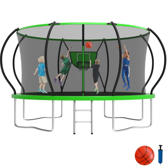 KOFUN 12FT Trampoline with Basketball Hoop, 1200LBS Heavy Duty Trampoline for Adults Capacity for 4-5 Kids, No Gap Design Backyard Trampoline with Enclosure Net, Ladder, A Ball, Green