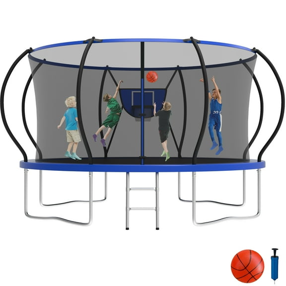 KOFUN 12FT Trampoline with Basketball Hoop, 1200LBS Heavy Duty Trampoline for Adults Capacity for 4-5 Kids, No Gap Design Backyard Trampoline with Enclosure Net, Ladder, A Ball, Blue