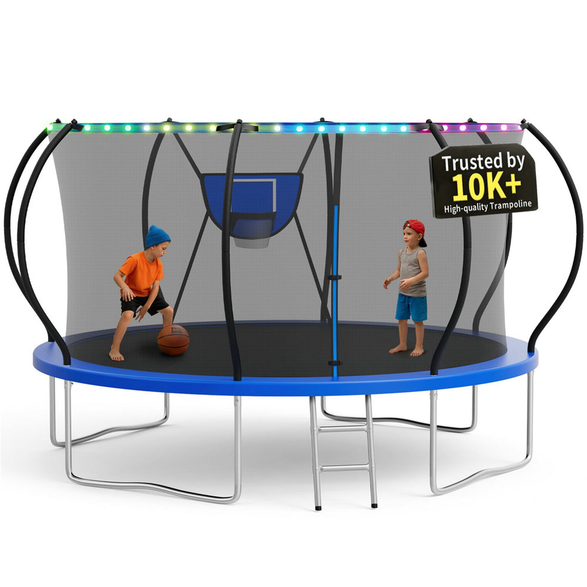KOFUN 12FT Trampoline for Kids and Adults, Round Trampoline with Basketball Hoop and Ladder, Outdoor Backyard Trampoline with Enclosure Net, 1200LBS Capacity, Easy to Install, Blue