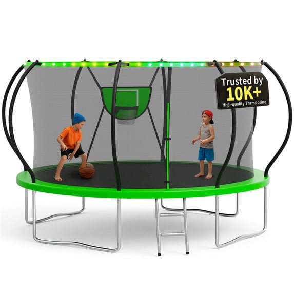 KOFUN 12FT Trampoline for Kids and Adults, Round Trampoline with Basketball Hoop and Ladder, Outdoor Backyard Trampoline with Enclosure Net, Light, 1200LBS Capacity, Easy to Install, Green