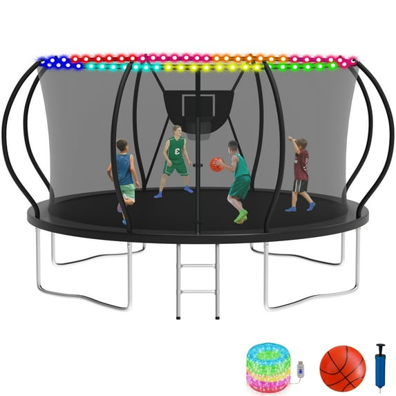 KOFUN 12FT Trampoline for Kids and Adults, Round Trampoline with Basketball Hoop and Ladder, Outdoor Backyard Trampoline with Enclosure Net, Light, 1200LBS Capacity, Easy to Install, Black