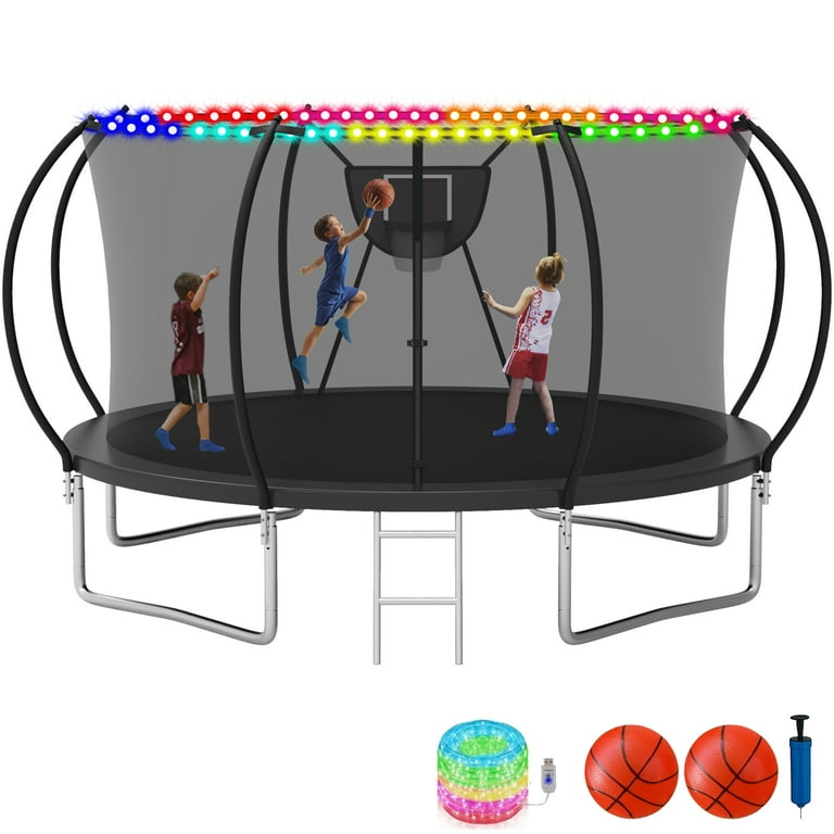 Kofun Trampoline with Enclosure Net Light 16ft 14ft 12ft 10ft Trampoline with Basketball Hoop Ladder Heavy Duty Outdoor Backyard Trampolines