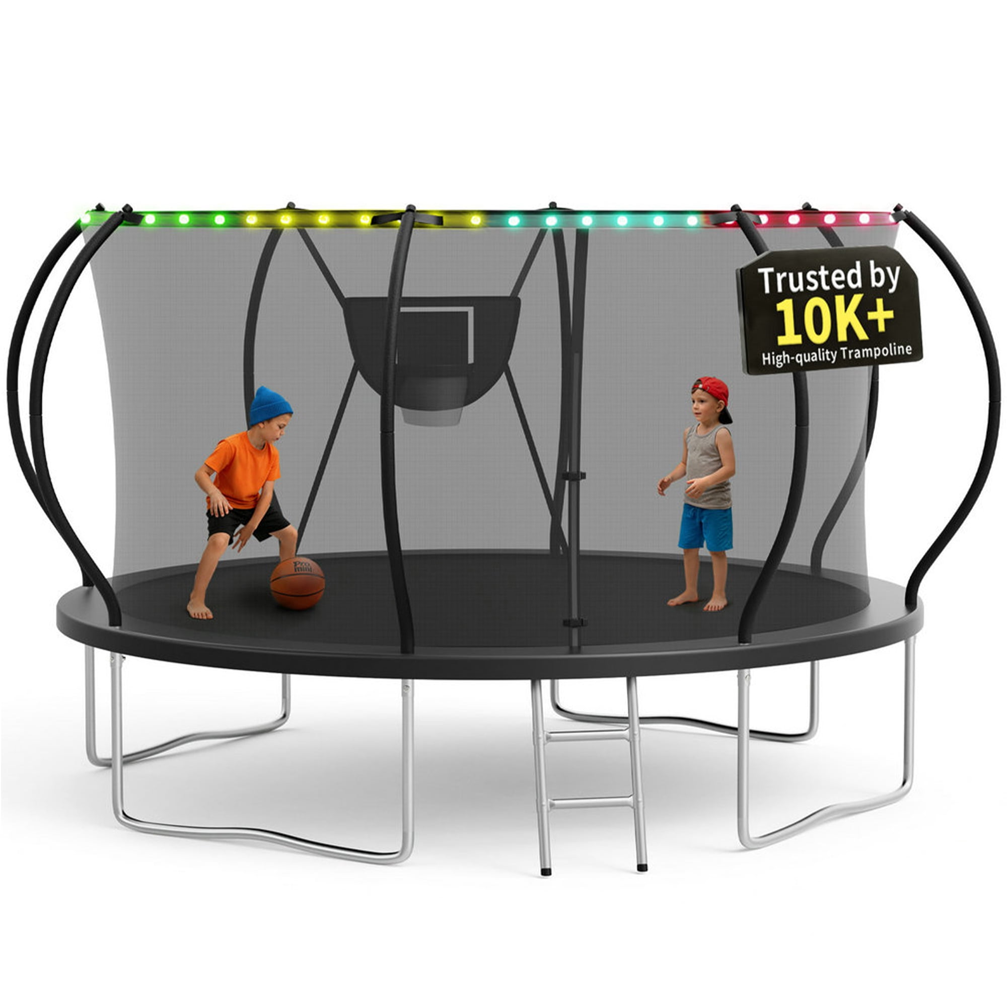 KOFUN 12FT Trampoline for Kids and Adults, Round Trampoline with Basketball Hoop and Ladder, Outdoor Backyard Trampoline with Enclosure Net, 1200LBS Capacity, Easy to Install, Black