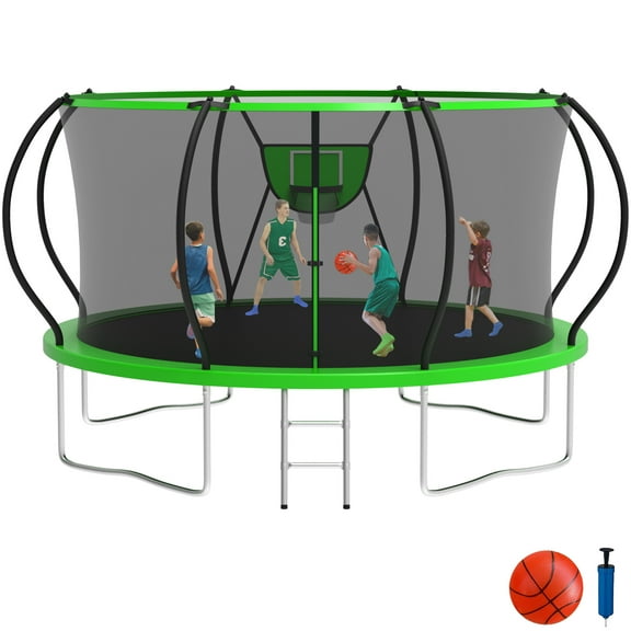 KOFUN 12FT Trampoline for Kids and Adults, Round Trampoline with Basketball Hoop and Ladder, Outdoor Backyard Trampoline with Enclosure Net, 1200LBS Capacity, Easy to Install, Green