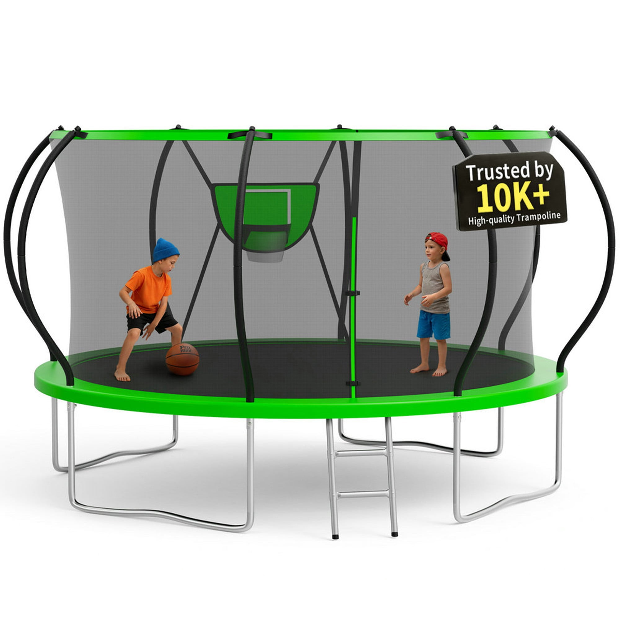 KOFUN 12FT Trampoline for Kids and Adults, Round Trampoline with Basketball Hoop and Ladder, Outdoor Backyard Trampoline with Enclosure Net, 1200LBS Capacity, Easy to Install, Green