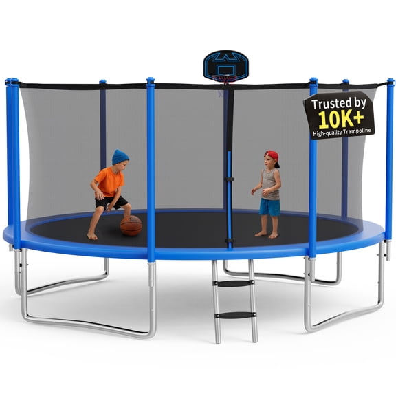 KOFUN 1400LBS 14FT Trampoline for Kids and Adults, Outdoor Backyard Trampoline with Safety Enclosure Net, Basketball Hoop, Ladder, A Ball, No Gap Design, Blue