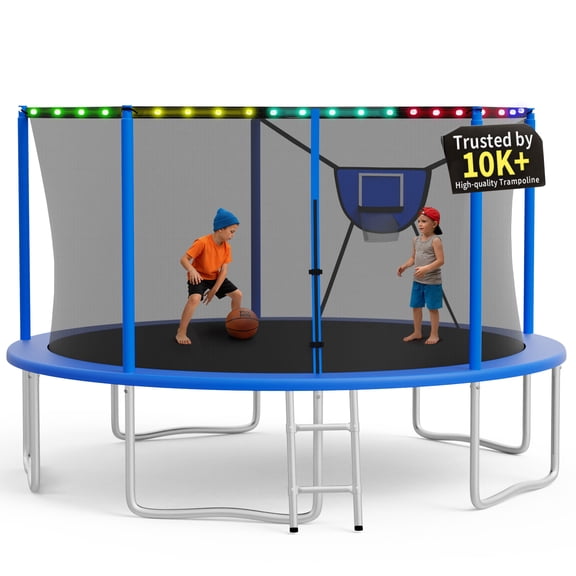 KOFUN Trampoline 14FT with Basketball Hoop for Kids and Adults, Capacity 1400LBS, Outdoor Backyard Trampoline with Enclosure Net, Ladder, Light, Blue