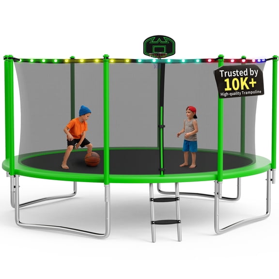 KOFUN 1400LBS 14FT Trampoline with Light, Heavy Duty Trampoline for Kids and Adults, Backyard Trampoline with Safety Enclosure Net, Basketball Hoop, Ladder, A Ball, No Gap Design, Green