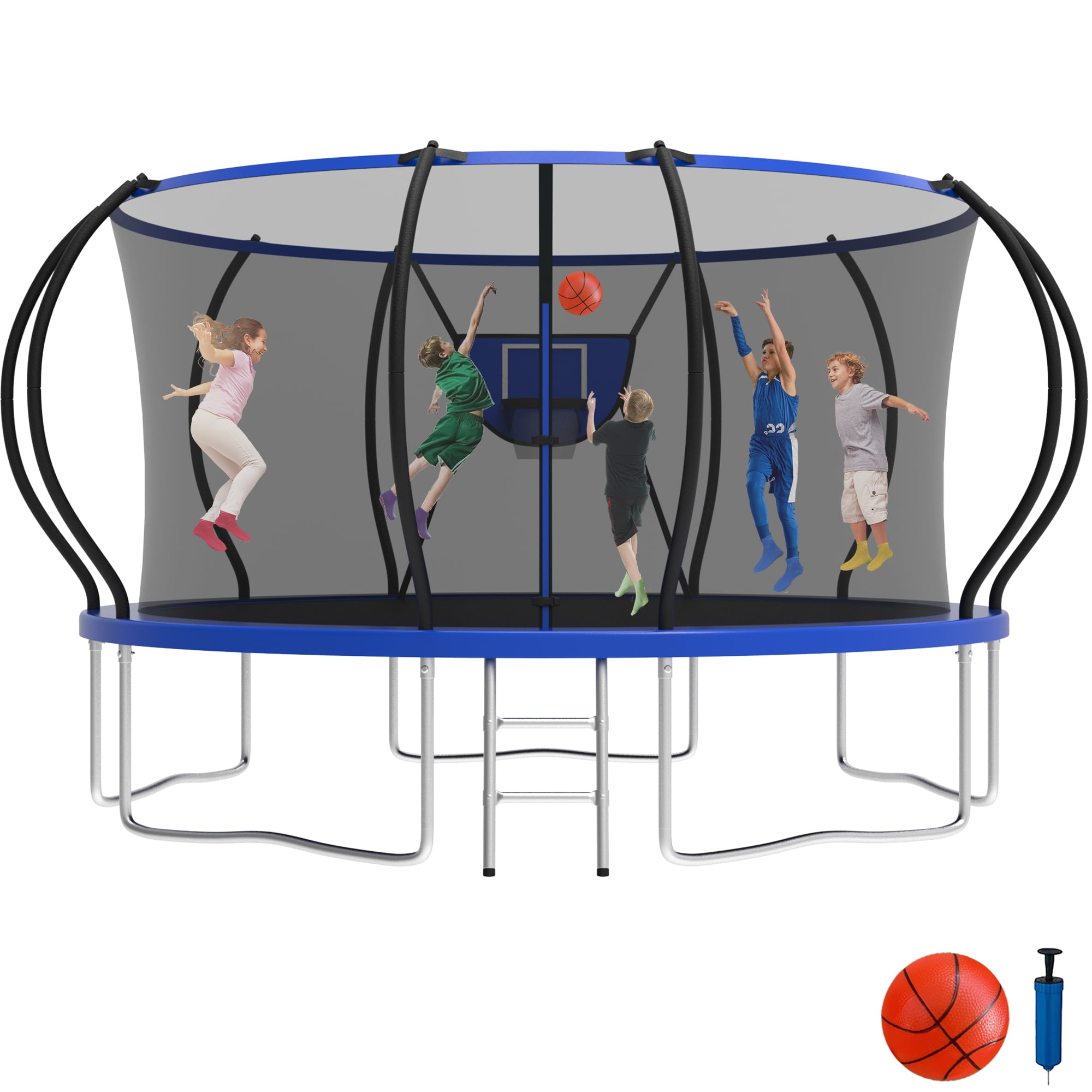 KOFUN 14FT Trampoline with Basketball Hoop, 1400LBS Heavy Duty Trampoline for Adults Capacity for 5-6 Kids, No Gap Design Backyard Trampoline with Enclosure Net, Ladder, A Ball, Blue