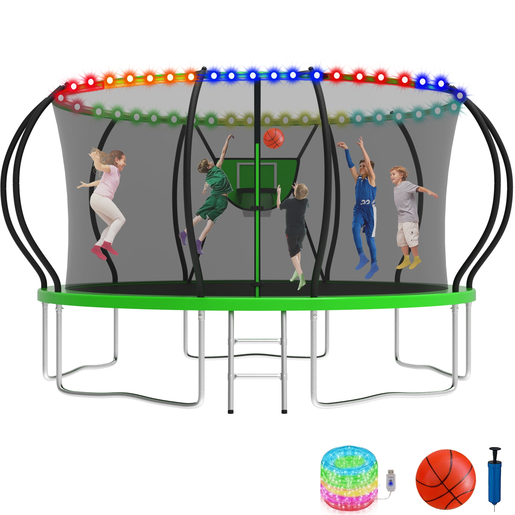 KOFUN 14FT Trampoline with Basketball Hoop & Light, 1400LBS Heavy Duty Trampoline for Adults Capacity for 5-6 Kids, No Gap Design Backyard Trampoline with Enclosure Net, Ladder, A Ball, Green