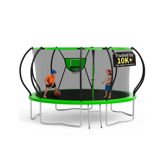 KOFUN 14FT Trampoline for Kids and Adults, Recreational Trampoline with Basketball Hoop and Ladder, Outdoor Backyard Trampoline with Enclosure Net, 1400LBS Capacity, Easy to Install, Green