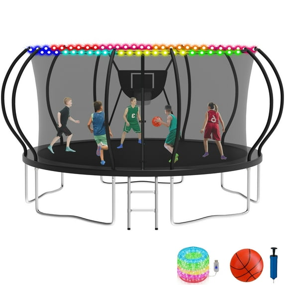KOFUN 14FT Trampoline for Kids and Adults, Round Trampoline with Basketball Hoop and Ladder, Outdoor Backyard Trampoline with Enclosure Net, Light, 1400LBS Capacity, Easy to Install, Black