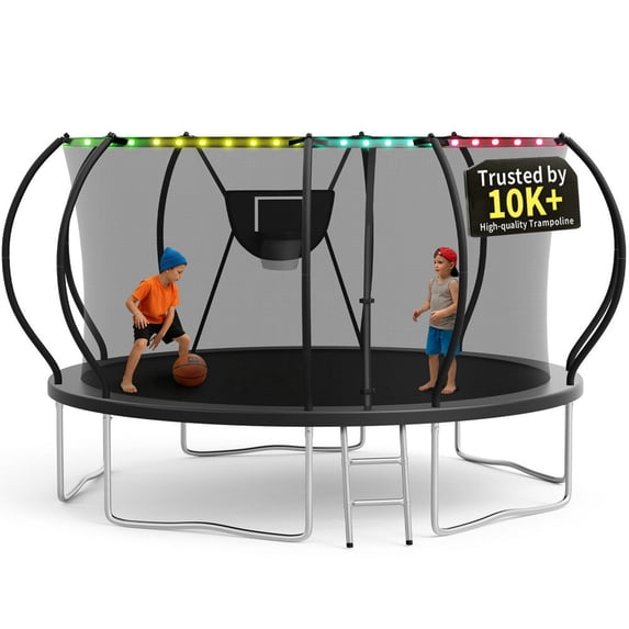 KOFUN 14FT Trampoline for Kids and Adults, Round Trampoline with Basketball Hoop and Ladder, Outdoor Backyard Trampoline with Enclosure Net, Light, 1400LBS Capacity, Easy to Install, Black