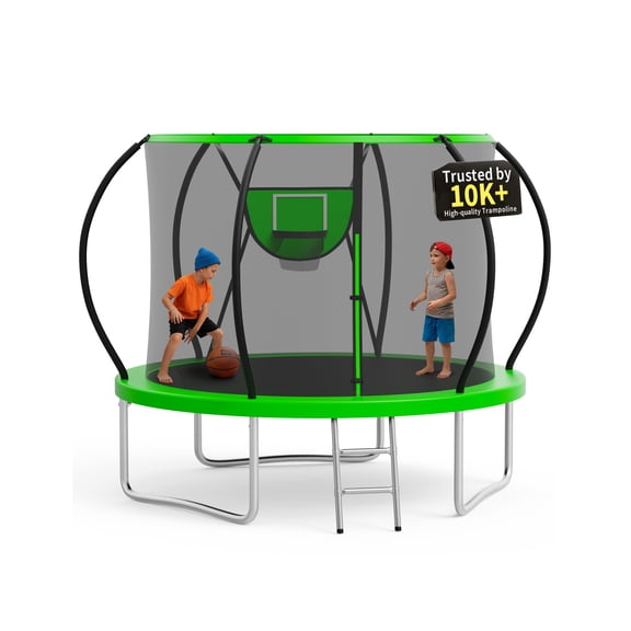 KOFUN 10FT Trampoline for Kids and Adults, Round Trampoline with Basketball Hoop and Ladder, Outdoor Backyard Trampoline with Enclosure Net, 1000LBS Capacity, Easy to Install, Green