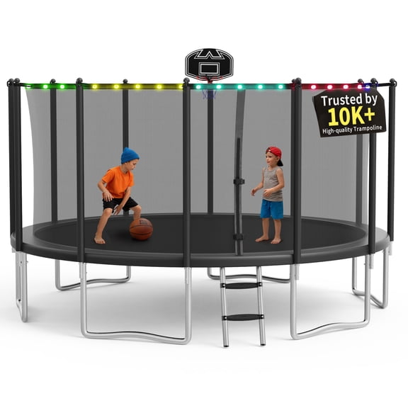 KOFUN 1500LBS 15FT Trampoline with Light, Heavy Duty Trampoline for Kids and Adults, Backyard Trampoline with Safety Enclosure Net, Basketball Hoop, Ladder, A Ball, No Gap Design, Black