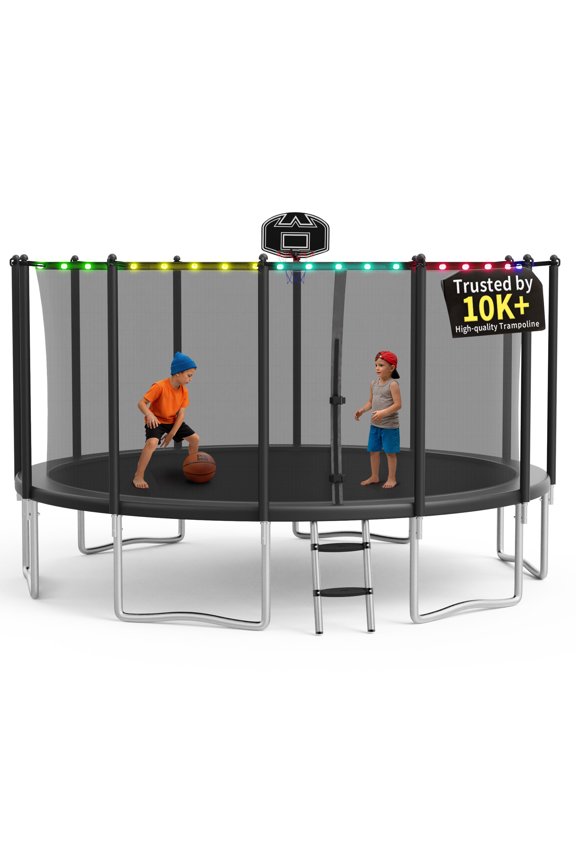 1500LBS 15FT Trampoline with Light, Heavy Duty Trampoline for Kids and Adults, Backyard Trampoline with Safety Enclosure Net, Basketball Hoop, Ladder, A Ball, No Gap Design, Black