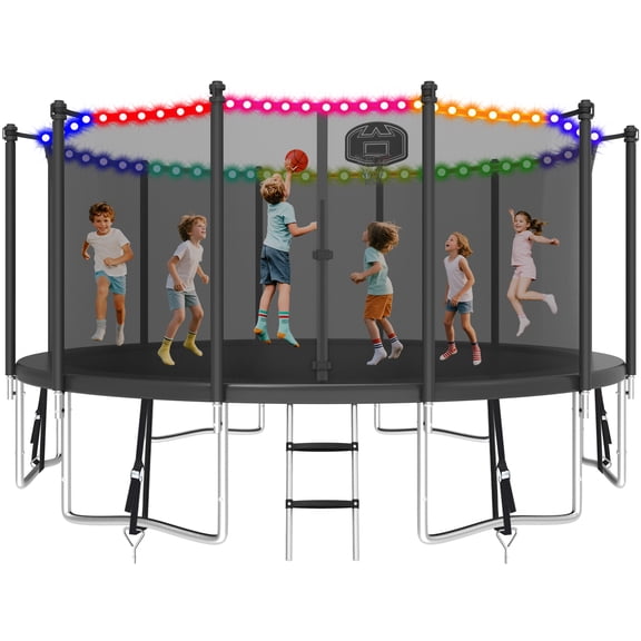 KOFUN 1500LBS 15FT Trampoline with Light, Heavy Duty Trampoline for Kids and Adults, Backyard Trampoline with Safety Enclosure Net, Basketball Hoop, 4 Anchor Kits, Ladder, A Ball, Black