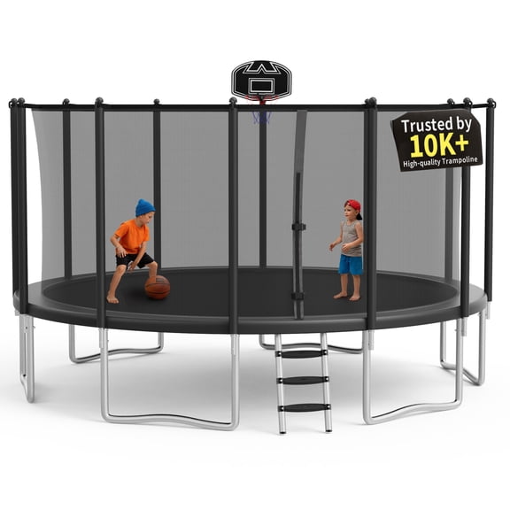 KOFUN 1500LBS 16FT Trampoline for Kids and Adults Outdoor Backyard Trampoline with Safety Enclosure Net, Basketball Hoop, Ladder, A Ball, No Gap Design, Black