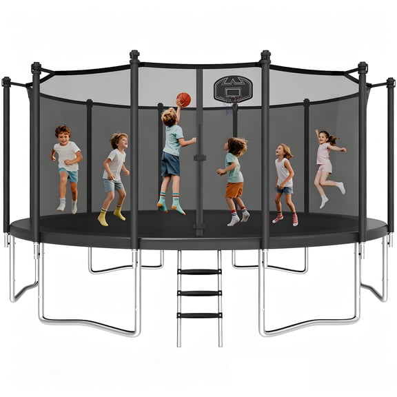 KOFUN 1500LBS 16FT Trampoline for Kids and Adults Outdoor Backyard Trampoline with Safety Enclosure Net, Basketball Hoop, Ladder, A Ball, No Gap Design, Black