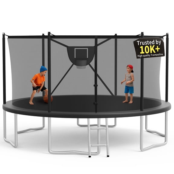 KOFUN Trampoline 16FT with Basketball Hoop for Kids and Adults, Capacity 1500LBS, Outdoor Backyard Trampoline with Enclosure Net, Ladder, Black