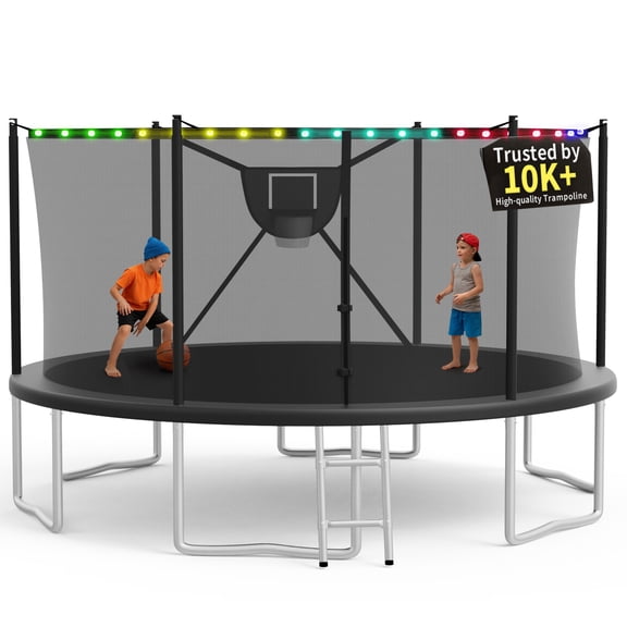 KOFUN Trampoline 16FT with Basketball Hoop for Kids and Adults, Capacity 1500LBS, Outdoor Backyard Trampoline with Enclosure Net, Ladder, Light, Black