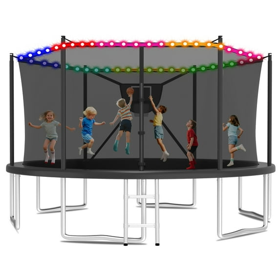 KOFUN Trampoline 16FT with Basketball Hoop for Kids and Adults, Capacity 1500LBS, Outdoor Backyard Trampoline with Enclosure Net, Ladder, Light, Black