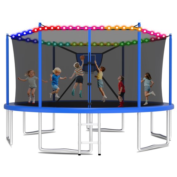 KOFUN Trampoline 16FT with Basketball Hoop for Kids and Adults, Capacity 1500LBS, Outdoor Backyard Trampoline with Enclosure Net, Ladder, Light, Blue