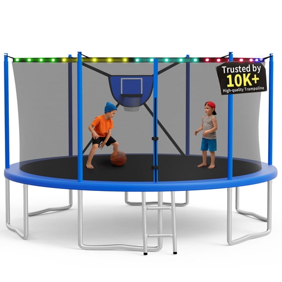 KOFUN Trampoline 16FT with Basketball Hoop for Kids and Adults, Capacity 1500LBS, Outdoor Backyard Trampoline with Enclosure Net, Ladder, Light, Blue
