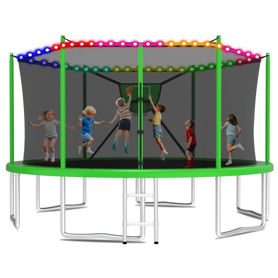 KOFUN Trampoline 16FT with Basketball Hoop for Kids and Adults, Capacity 1500LBS, Outdoor Backyard Trampoline with Enclosure Net, Ladder, Light, Green