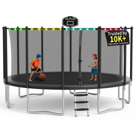 KOFUN 1500LBS 16FT Trampoline with Light, Heavy Duty Trampoline for Kids and Adults, Backyard Trampoline with Safety Enclosure Net, Basketball Hoop, Ladder, A Ball, No Gap Design, Black