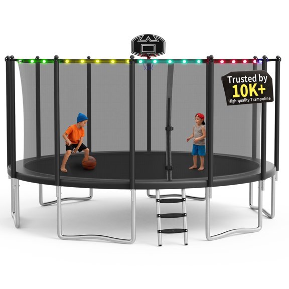 KOFUN 1500LBS 16FT Trampoline with Light, Heavy Duty Trampoline for Kids and Adults, Backyard Trampoline with Safety Enclosure Net, Basketball Hoop, Ladder, A Ball, No Gap Design, Black
