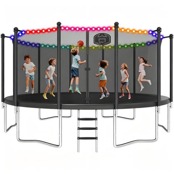 KOFUN 1500LBS 16FT Trampoline with Light, Heavy Duty Trampoline for Kids and Adults, Backyard Trampoline with Safety Enclosure Net, Basketball Hoop, Ladder, A Ball, No Gap Design, Black