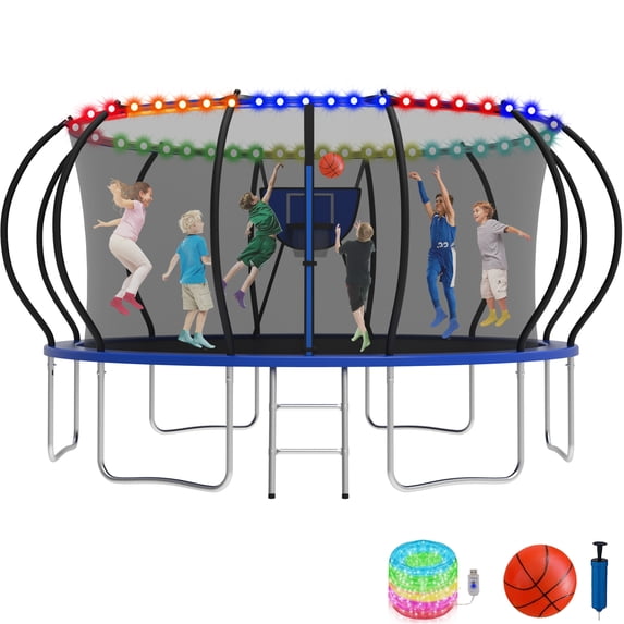 KOFUN 16FT Trampoline with Basketball Hoop & Light, 1500LBS Heavy Duty Trampoline for Adults Capacity for 7-10 Kids, No Gap Design Backyard Trampoline with Enclosure Net, Ladder, A Ball, Blue
