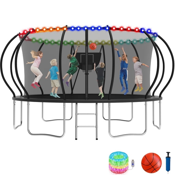 KOFUN 16FT Trampoline with Basketball Hoop & Light, 1500LBS Heavy Duty Trampoline for Adults Capacity for 7-10 Kids, No Gap Design Backyard Trampoline with Enclosure Net, Ladder, A Ball, Black
