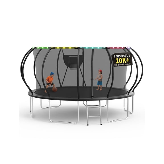 KOFUN 16FT Trampoline for Kids and Adults, Round Trampoline with Basketball Hoop and Ladder, Outdoor Backyard Trampoline with Enclosure Net, Light, 1500LBS Capacity, Easy to Install, Black