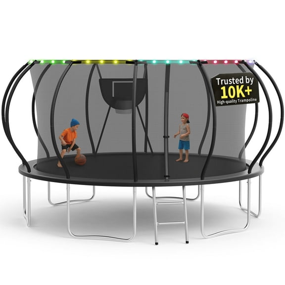 KOFUN 16FT Trampoline for Kids and Adults, Round Trampoline with Basketball Hoop and Ladder, Outdoor Backyard Trampoline with Enclosure Net, Light, 1500LBS Capacity, Easy to Install, Black
