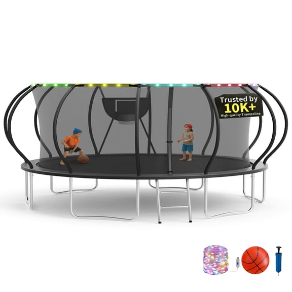 KOFUN 16FT Trampoline for Kids and Adults, Round Trampoline with Basketball Hoop and Ladder, Outdoor Backyard Trampoline with Enclosure Net, Light, 1500LBS Capacity, Easy to Install, Black