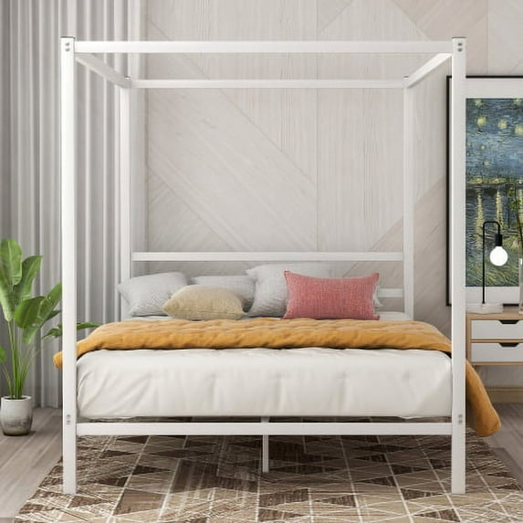 KOFUN 4-Post Queen Size Canopy Bed with Mattress Support, Platform Bed Frame with Headboard and Footboard, No Box Spring Needed, White