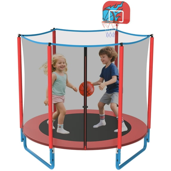 KOFUN 66" Mini Trampoline for Kids, 600LBS 5.5FT Indoor Outdoor Toddler Trampoline with Enclosure Net, Basketball Hoop and Ball, Small Trampoline Gifts for Boys and Girls Ages 1-8, Red